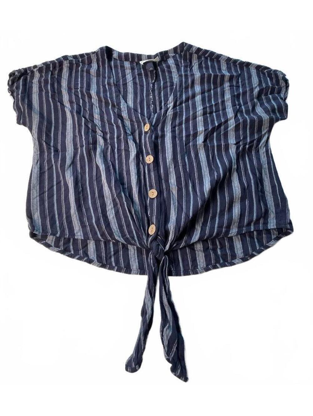 Universal Thread Women's Medium Blue Striped Button-Up Tie-Front Blouse